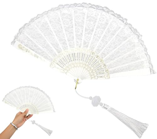 YURUIHKAO 1 Pcs White Lace Folding Fan, Elegant Handheld Folding Fan, Bridal Fans with Pendant, Foldable HandFan for Weddings, Parties & Special Occasions