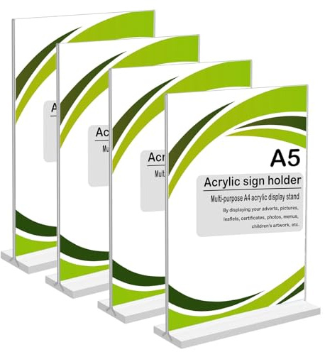 OELZWVN 4 Stück Tischaufsteller Acryl A5, Aufsteller Transparent, T-Ständer Tischaufsteller für beidseitige Präsentation, Hochformat Menükartenhalter für Restaurants