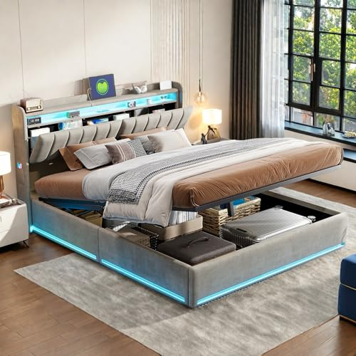 RTYUSWL Polsterbett Doppelbett 160x200 cm,Hydraulisches Bett 160x200 mit Bettkasten und Lattenrost,Staufach-Kopfteil mit LED und USB Ladestation,Stauraumbett Jugendbett aus Massivholz und Samt
