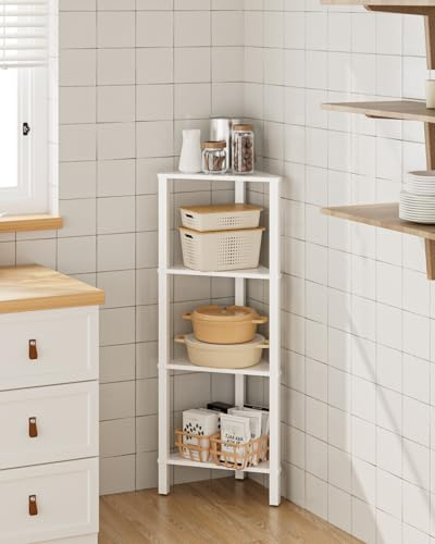 Apetaccat Eckregal mit 4 Ebenen, Standregal,dreieckiges Stand-Displayregal, platzsparendes Aufbewahrungsregal für Wohnzimmer, Schlafzimmer, Küche & Bad, weiß, 37 × 27 × 95 cm