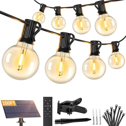 Brightever 100FT Solar String Lights Outdoor with Remote and 36+2 LED Shatterproof G40 Bulbs, Dimmable & Timable, 3 Lighting Modes, Waterproof Solar Power Outdoor Lights for Patio, Garden, Wedding