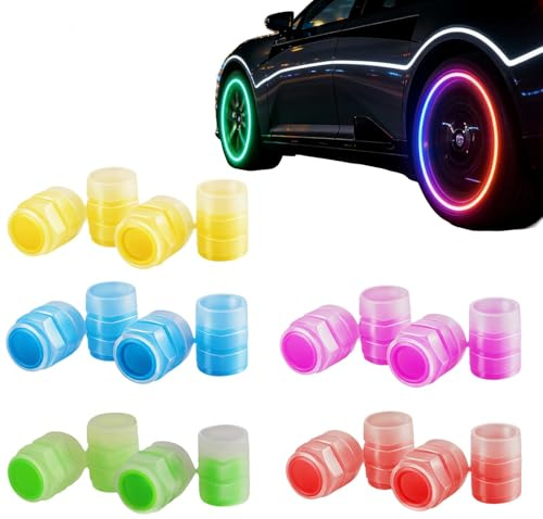 20 Stück Reifenventilkappen, 5-Farben Leuchtende Ventilkappen Auto Leuchtend Höhe 1,6cm, Fluoreszierende Ventilkappen Auto, Fluoreszierende Reifenventilkappen, für Autos Motorräder Fahrräder KFZ SUV