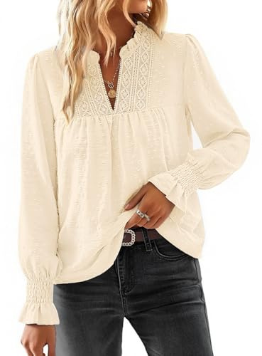 HEEKPEK Camicia Donna Elegante Blusa Manica Lunga Scollo a V Top Casual Boho Camicetta Pizzo Chiffon Maniche a Balze Maglietta Donna Maniche Lunghe Primavera Estiva Autunno (Albicocca, L)