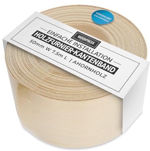 WoodPress® 50 mm Bois d'Érable Véritable Bande de Chant en Placage Préencollé – Rouleau de 7,5 m – Application à Repasser Facile à Faire soi-même, Couvre Le Bord d'un Panneau MDF Standard