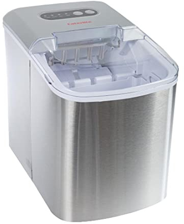 Caterlite Countertop Manual Fill Ice Machine 10kg, Stainless Steel | Includes a handy scoop, transparent monitoring window, and a removable, washable basket. Produces chewable bullet-shaped ice.