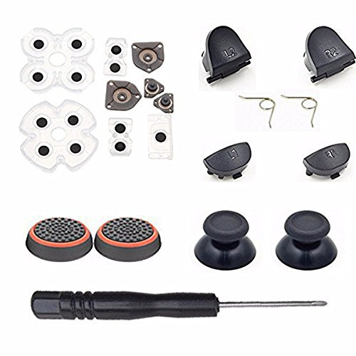 L1 R1 L2 R2 Trigger Springs Buttons + 2 Joystick Thumb Sticks + 4 Springs + 1 Screwdriver + 1 Set Silicone Conductive Rubber Pads for PS4