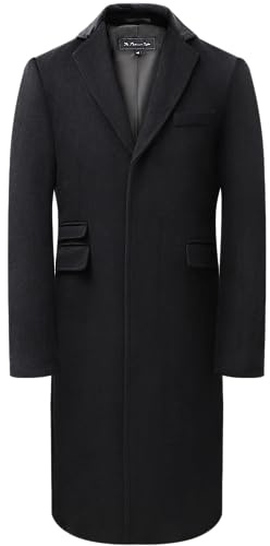 The Platinum Tailor Mens Black 70% Wool & Cashmere Covert Overcoat – Winter Coat with Velvet Collar, Red Satin Lining & Concealed Fastening