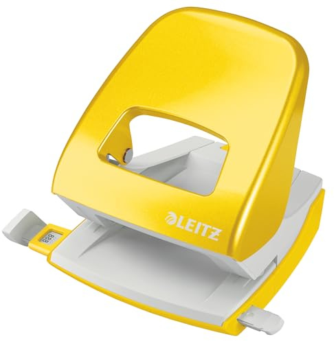 Leitz Büro Locher aus Metall, Für 30 Blatt, Anschlagschiene mit Formatvorgaben, Ergonomisches Design, Blister-Verpackung, gelb, WOW-Serie, 50082016
