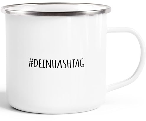 MoonWorks® Emaille-Tasse #dein Hashtag individualisierbar bedrucken mit eigenem Text Emaille-Becher selbst gestalten Weiss-metall Emailletasse
