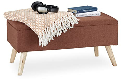 Relaxdays, Brun sittbänk med förvaringsutrymme, vadderade, träben, soffbänk, tygskydd, H x B x D: 39,5 x 79,5 x 39,5 cm, 1 styck