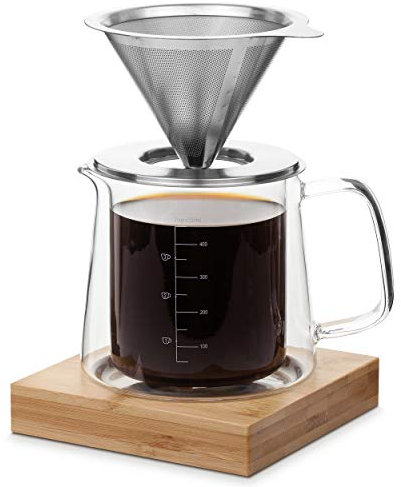 Brew To A Tea BTaT- Pour Over Coffee Maker Set, Double Wall Glass, 16 oz, Drip Coffee Maker Pour Over, Permanent Filter