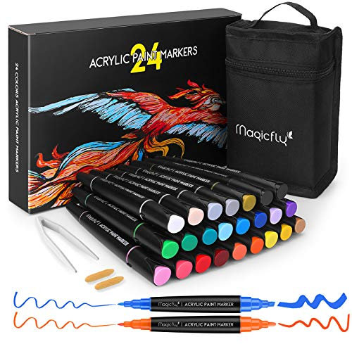 Magicfly 24 Farben Acrylmalstifte, beidseitig umkehrbare Spitze Acryl Marker Set mit 3 Arten von Spitzen, für Stein, Keramik, Glas, Holz, wasserfest, ungiftig, schnell trocken