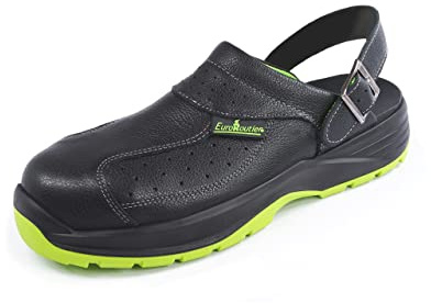 EuroRoutier Premium Fenix Black Echtes Leder, Clogs, Sicherheitssandalen SB+A+E+FO+SRC, Schwarz, 41 EU