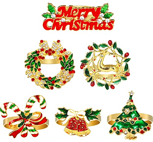 Kesote 12 Portatovaglioli Natalizi, Porta Tovaglioli Natalizi, Ferma Tovaglioli Natalizi a 6 Forme Natalizie Decorzioni da Tavola per Festa Natale Cena Anniversaria