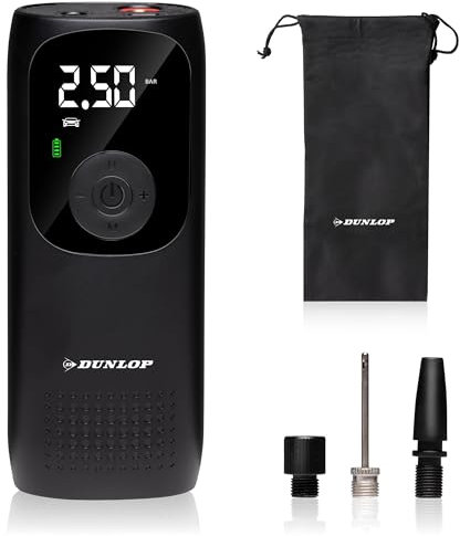 Dunlop Mini Compressore a batteria Pompa d'aria elettrica 150PSI - Universale e USB C - Display digitale - Luce LED - Nero