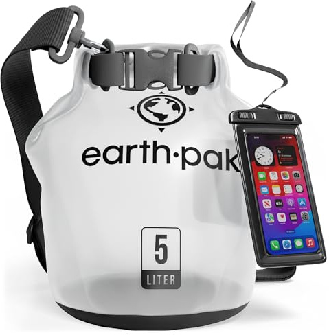 Earth Pak – Wasserdichter Packsack mit Schultergurt und wasserfester Handyhülle – Ideale Rolltop Tasche beim Kajak Fahren, Wandern, Camping, Angeln, Bootfahren und Rafting