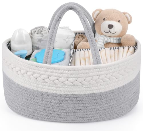 Maliton Wickeltisch Organizer，Baby Organizer Korb，Aufbewahrungskorb für den Wickeltisch，Windel Caddy mit Fächern & Griffen, Grau-L