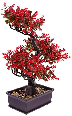 HOMSFOU Artificial Bonsai Tree Small Faux Potted Plant 14.17X11.81X3.93 Inch Indoor Simulated Plant Decor for Home Office Kitchen Shelf with Easy Maintenance