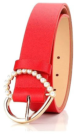 NIUXICH Perle Herz Schnalle Pin Gürtel für Frauen Breite Pu Leder Taille Strap Damen Kleid Gürtel Weibliche Jeans Bund, Rot, 105cm