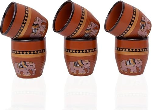 Lot de 6 tasses traditionnelles faites à la main Kulhar Kulhad Chai Thé Café Cantaritos en faïence émaillée Finition brillante Argile Terre cuite Artisanat Studio Poterie Mud Marron Qualité