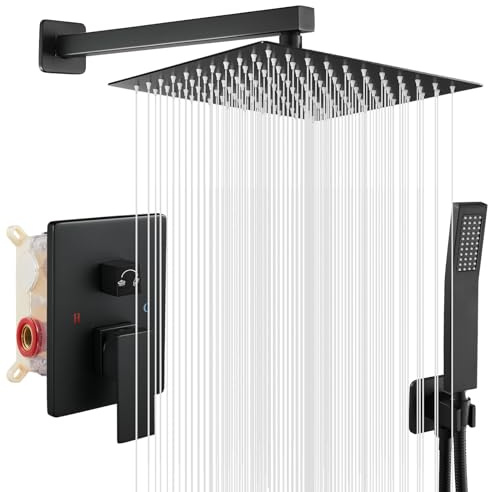 ROVOGO 30 x 30 cm Unterputz Duscharmatur Schwarz Set Duschkopf Eckig, Duscharmaturen Komplettset Unterputz mit Handbrause aus Edelstahl, Dusche Duschsystem Regendusche mit Armatur für Bad Duschset