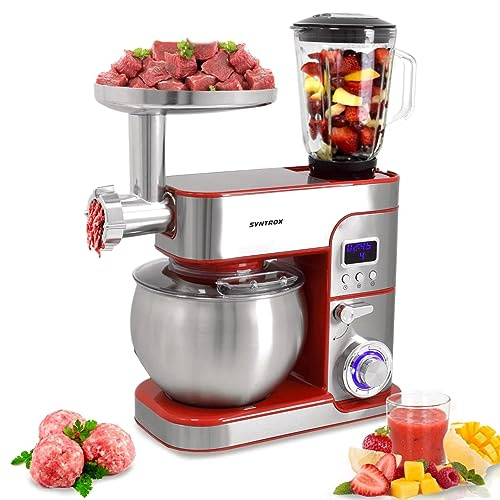 Syntrox Germany Küchengerät Kagus Edelstahl 6 Liter Küchenmaschine & Fleischwolf, Knethaken, Schneebesen, LED-Display, Timerfunktion, 1300 Watt, einfache Bedienung (Rot)