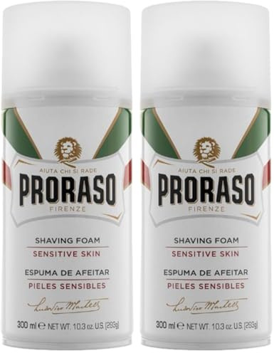 Proraso Espuma afeitar, 300 ml, crema afeitar que protege la piel sensible, gel afeitar nutritivo con extractos de avena y té verde, blanco (Paquete de 2)