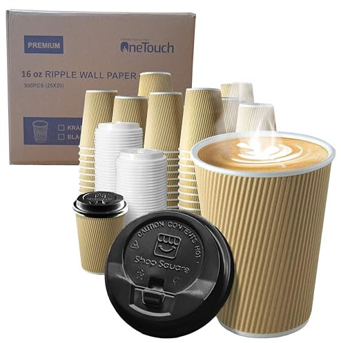 A406 100 X 16oz / 473ml Kraft Triple Walled Disposable Paper Ripple Cups Disposable Coffee Tea Cups Disposable Hot Drink Cups Leakproof Recyclable Insulated Cups (with Lid)