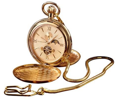 Wesseldon Reloj de bolsillo automático Esprit du Temps, metal dorado, tapa de salto, cristal mineral, indicador de 24 horas, día/noche, índices horarios, manecillas fluorescentes