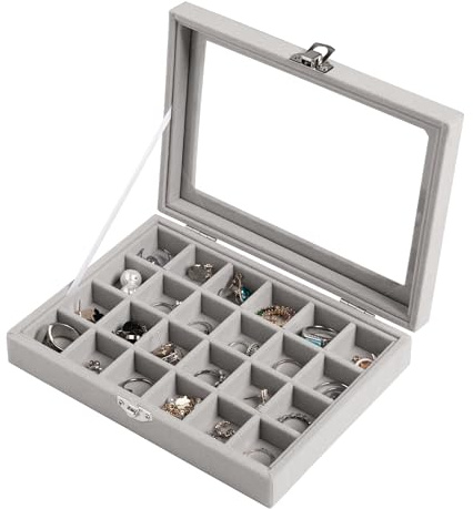 Frebeauty 24 Grid Jewelry Tray,Velvet Stud Earring Organizer,Small Jewelry Organizer with Clear Lid,Lockable Earring Holder for Women & Girls(Grey)