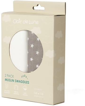Clair de Lune 2 Pack Star Soft Musselin Pucktücher Grau und Weiß 115 x 115 cm