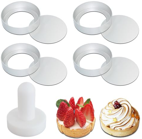 Eonenomi Mini Tart Pans with Removable Bottom Set of 4, Mini Tart Mold With Tart Tamper Non-Stick Egg Tart Mold Tartlet Pans for Baking Mini Tart Shells French Fruit Tart Cheesecake Muffin, 3.15inch