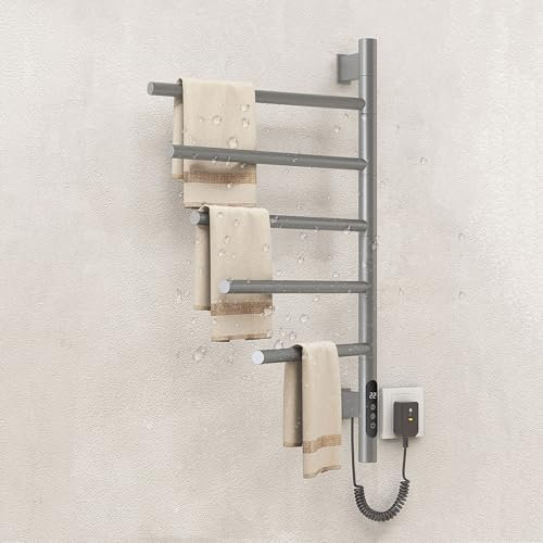 AHDFY Termoarredo Bagno, Scalda Salviette da Bagno Elettrico, Nessuna Perforazione Richiesta Scaldasalviette Elettrico A Basso Consumo, 85W, 1-9 Ore,Regolazione 30-70°C, con Schermo Tattile,Grigio