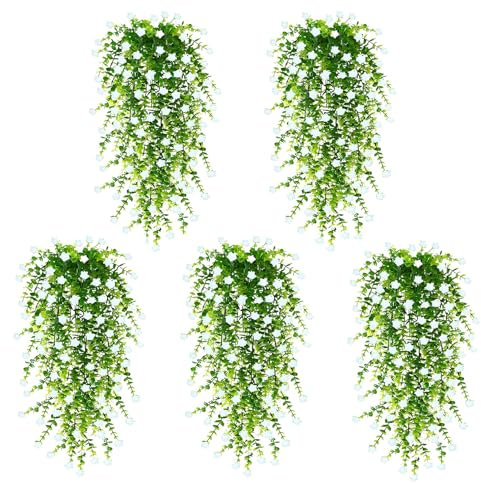 AGSYFFD 5pcs Artificial Hanging Plants Flowers UV-Resistant, Fake Hanging Flowers for Outdoor Indoor Wall Decor, Trailing Plants for Wedding Greenery Patio Home Room Decoration (White)