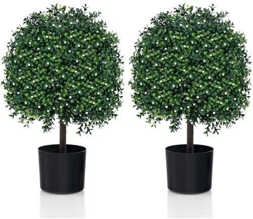 COSTWAY Juego de 2 Árbol Artificial de Topiario de Buxus en Forma de Bola, Plantas de Arbustos Falsos con Hojas Resistentes, 343 Frutas Blancas, Plantas en Maceta Artificial para Interior y Exterior