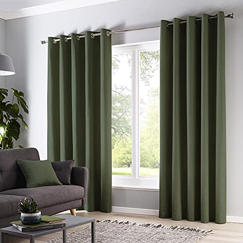 Fusion Bottle Green Blackout Eyelet Curtains – 100% Cotton – Thick Weave – Thermal & Soundproof – W90 x L90 (229 x 229cm) – 2 Panels for Bedroom & Living Room