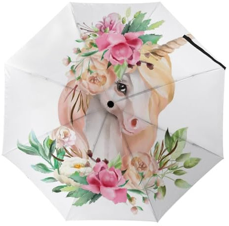 YBQLNP Automatischer Regenschirm Blume Einhorn Taschenschirm Winddicht Sturmfest Für Herren Damen Teenager