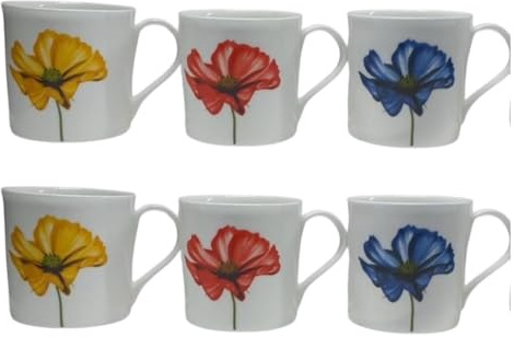 Rose Fine Bone China Mugs Set of 6, 350ml Yellow Red & Blue Floral Cups | Set of 6 fine bone china rose mugs in yellow, red and blue; 350ml capacity, microwave and dishwasher safe.