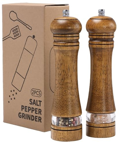 Mikinya Lot de 2 moulins à poivre et sel en bois avec fenêtre en acrylique - Mécanisme de broyage réglable en céramique - Rechargeable pour diverses épices - 22 cm
