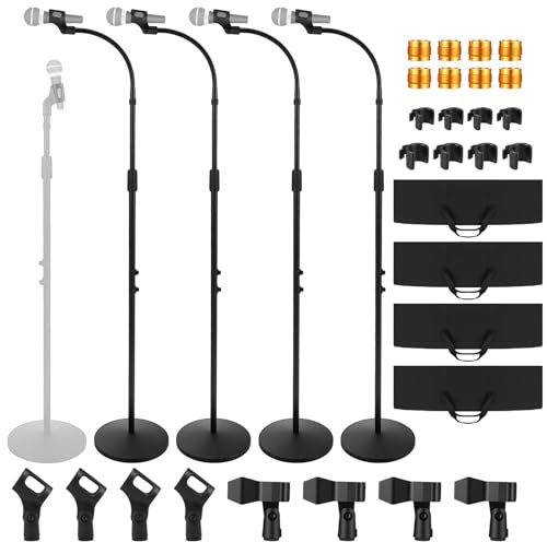 Copkim 4 Set Mic Stand Detachable Gooseneck Microphone Floor Stand Height Adjustable from 35. 4'' to 78. 7'' with Weighted Round Base and Storage Bag for Singing Stage Wedding Stage Karaoke Church