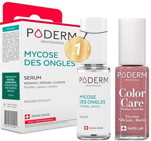 PODERM L'Essential Soin des Ongles | Traitement Mycose 2en1 + Vernis Tea Tree Bois de Rose | Répare, Protège & Colore | Pieds/Mains | Antifongique Naturel | Swiss Made