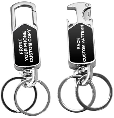 Porte-clés double face personnalisé, décapsuleur personnalisé, couteau à colis et Fidget Spinner avec nom/téléphone/photo gravés (Noir)