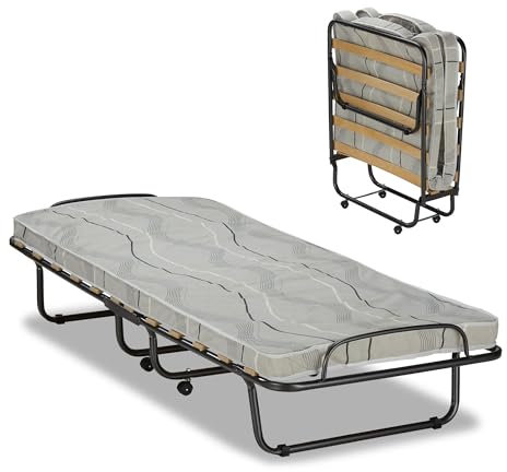 KHG Gästebett 90x200 cm Klappbett mit Einer 6 cm dicken Matratze, klappbares Metallbett stabil auf Rollen für Erwachsene & Kinder, leicht zu tragen und verstauen bis 90kg belastbar