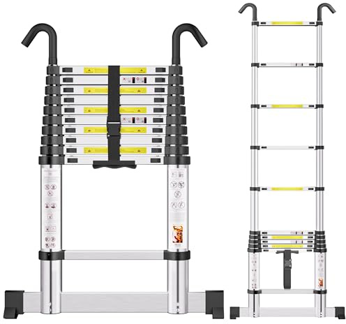 SIMPDIY 3,2M Teleskopleiter, Aluleiter ausziehbar mit Stabilisator, Leiter Ausziehbar mit Haken, 11 Sprossen, für Hause, Wohnmobil und Freien, Tragkraft 150 kg