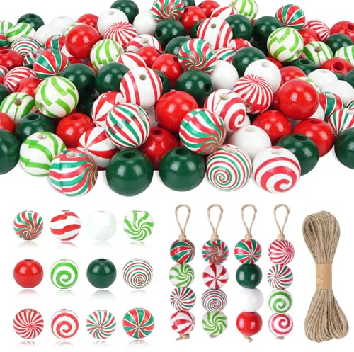 Vookkp Set Perline Legno Decorazioni Albero di Natale Legno Perline per Braccialetti per DIY Decorazioni Natalizie Fai Da Te 20mm Colorate Modello di Caramella (270)
