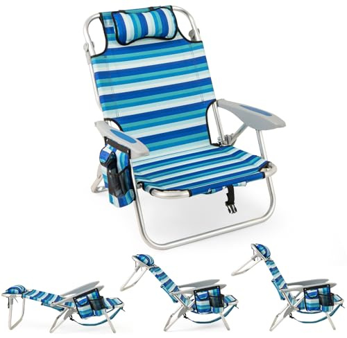 KOMFOTTEU Chaises de Plage Pliables, Dossier réglable en 4 Positions, Fauteil de Plage avec Appui-tête, Chaise de Camping avec Poches latérales & Porte-Serviette, Charge de 150 kg, Bleu (1)