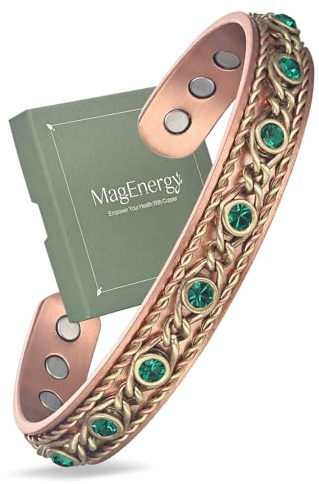 MagEnergy Pulsera de cobre hecha a mano con alambre trenzado y piedras CZ de aguamarina, brazalete magnético de cobre para mujer, pulsera ajustable y regalo de joyería, 18.5, Cobre
