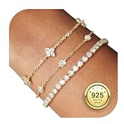 Finrezio 3 st silver/guld/roséguld armband sterlingsilver armbandset skiktad delikat kedja med zirkonia armband justerbara tennisarmband damer silverarmband smycken för kvinnor, 16.5 cm