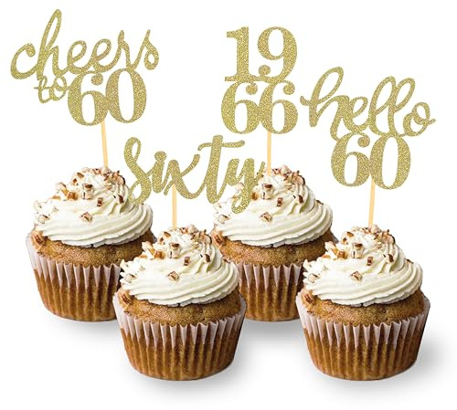 24 Stück Glitzer 60. Geburtstag Cupcake Topper | Gold Geburtstagsdeko von 1966 für 60 Geburtstagsfeier Zubehör Party Dekoration Kuchendekoration