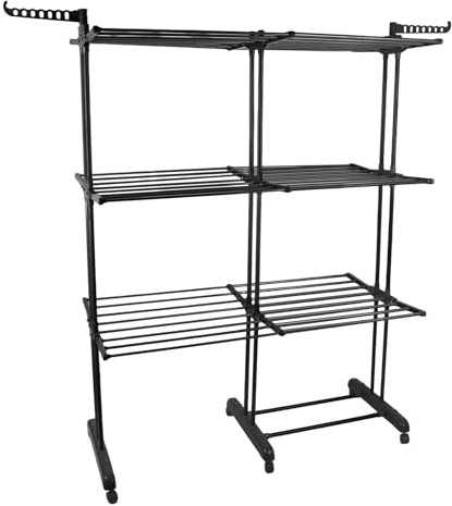 HUOLE Séchoir à Linge Tour Peu encombrant, étendoir à Linge Extensible, Table de Lavage Pliable pour l'intérieur et de Grandes familles,49 x (75-132) x 170 cm (Noir + Tube Noir)